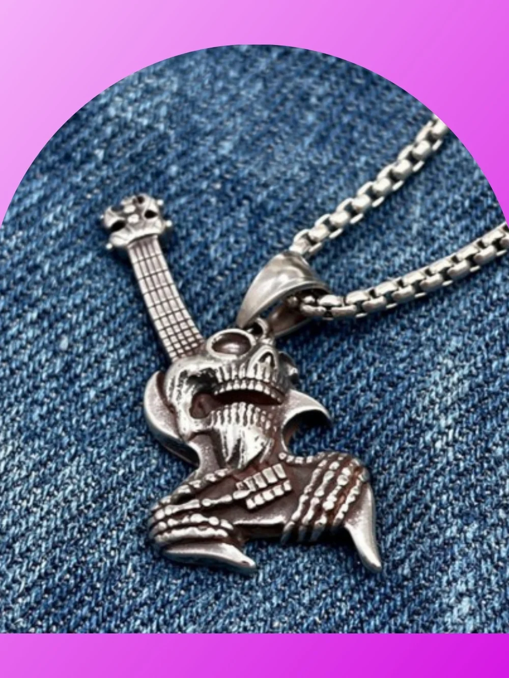 Men's Silver Skull Guitar Pendant Necklace